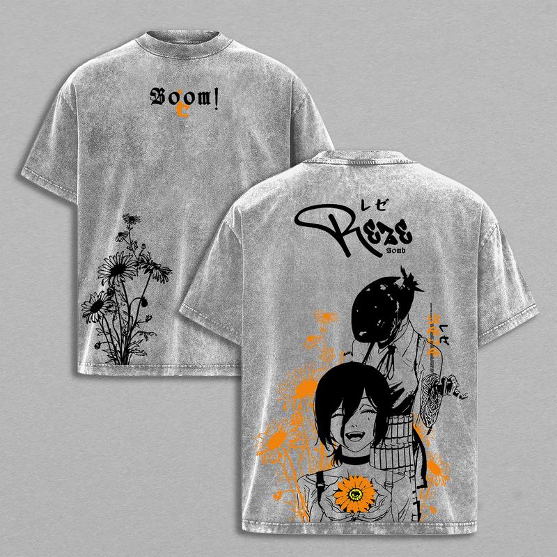 Reze Bomb Girl T-Shirt – Chainsaw Man Vintage Oversized Washed Heavy Cotton Anime Graphic Tee, Double Printed Streetwear Top for Fans