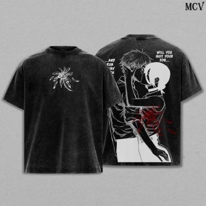 Denji x Reze Chainsaw Man Tee Washed – The Movie Reze Arc Vintage Oversized Heavy Cotton Anime Manga T-Shirt, Double Printed Retro Unisex Streetwear Graphic Top Gift for Otaku Fans, the Tragic Love Story Between a Devil Hunter and the Bomb Girl