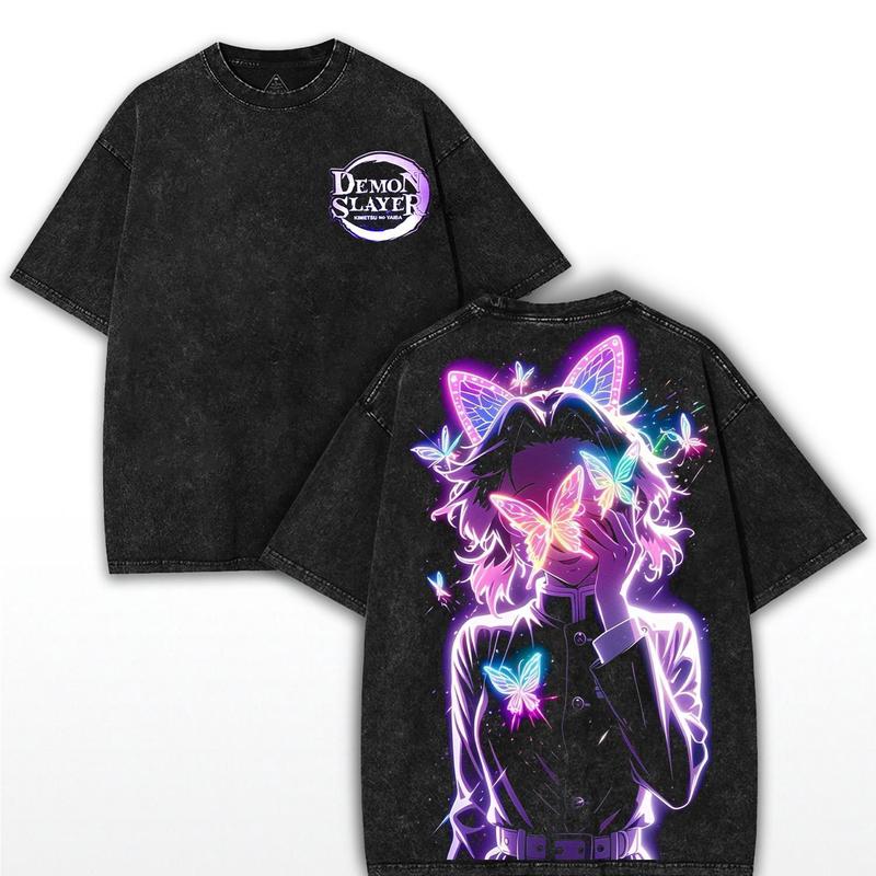 Shinobu Kocho Demon Slayer Oversized Washed Tee – Neon Butterfly Aura Double Printed Heavy Cotton Shirt | Collector’s Anime Streetwear Drop