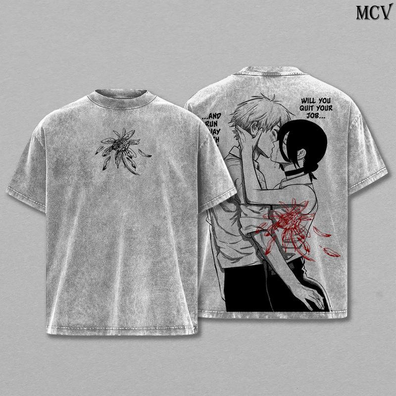 Denji x Reze Chainsaw Man Tee Washed – The Movie Reze Arc Vintage Oversized Heavy Cotton Anime Manga T-Shirt, Double Printed Retro Unisex Streetwear Graphic Top Gift for Otaku Fans, the Tragic Love Story Between a Devil Hunter and the Bomb Girl