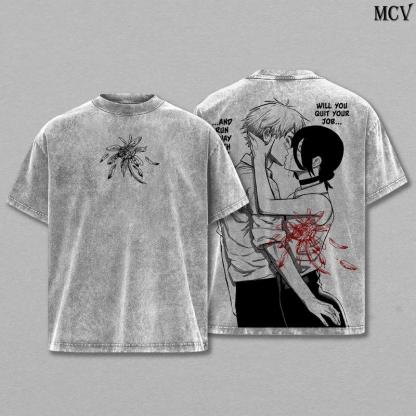 Denji x Reze Chainsaw Man Tee Washed – The Movie Reze Arc Vintage Oversized Heavy Cotton Anime Manga T-Shirt, Double Printed Retro Unisex Streetwear Graphic Top Gift for Otaku Fans, the Tragic Love Story Between a Devil Hunter and the Bomb Girl