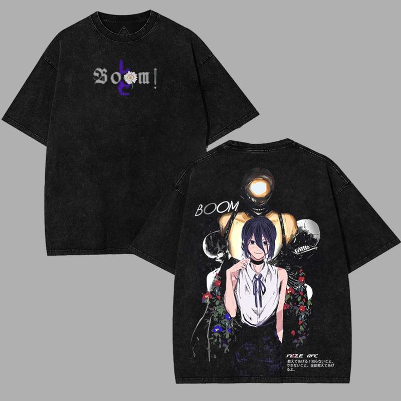 Reze Line Bomb Devil Art Arc - Chainsaw Man Double Printed oversized Vintage acid Washed graphic T Unisex Heavyweight shortsleeve Crewneck Cotton T-shirt, Gift For Anime Fan Lover unisex y2k trendy Streetwear oversize anime manga Top Menswear