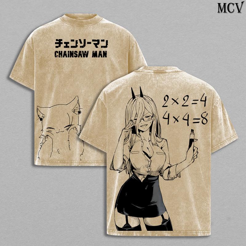 Power Chainsaw Man Tee Washed – The Movie: Reze Arc Vintage Oversized Heavy Cotton Anime Manga T-Shirt, Double Printed Retro Unisex Streetwear Graphic Top Gift for Otaku Fans