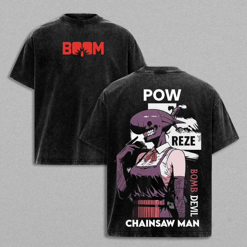 Reze Bomb Devil T-Shirt – Chainsaw Man Vintage Oversized Washed Heavy Cotton Anime Tee, “Boom” Graphic Double Printed Unisex Streetwear Top, Retro Manga-Inspired Shirt for Otaku and Fans