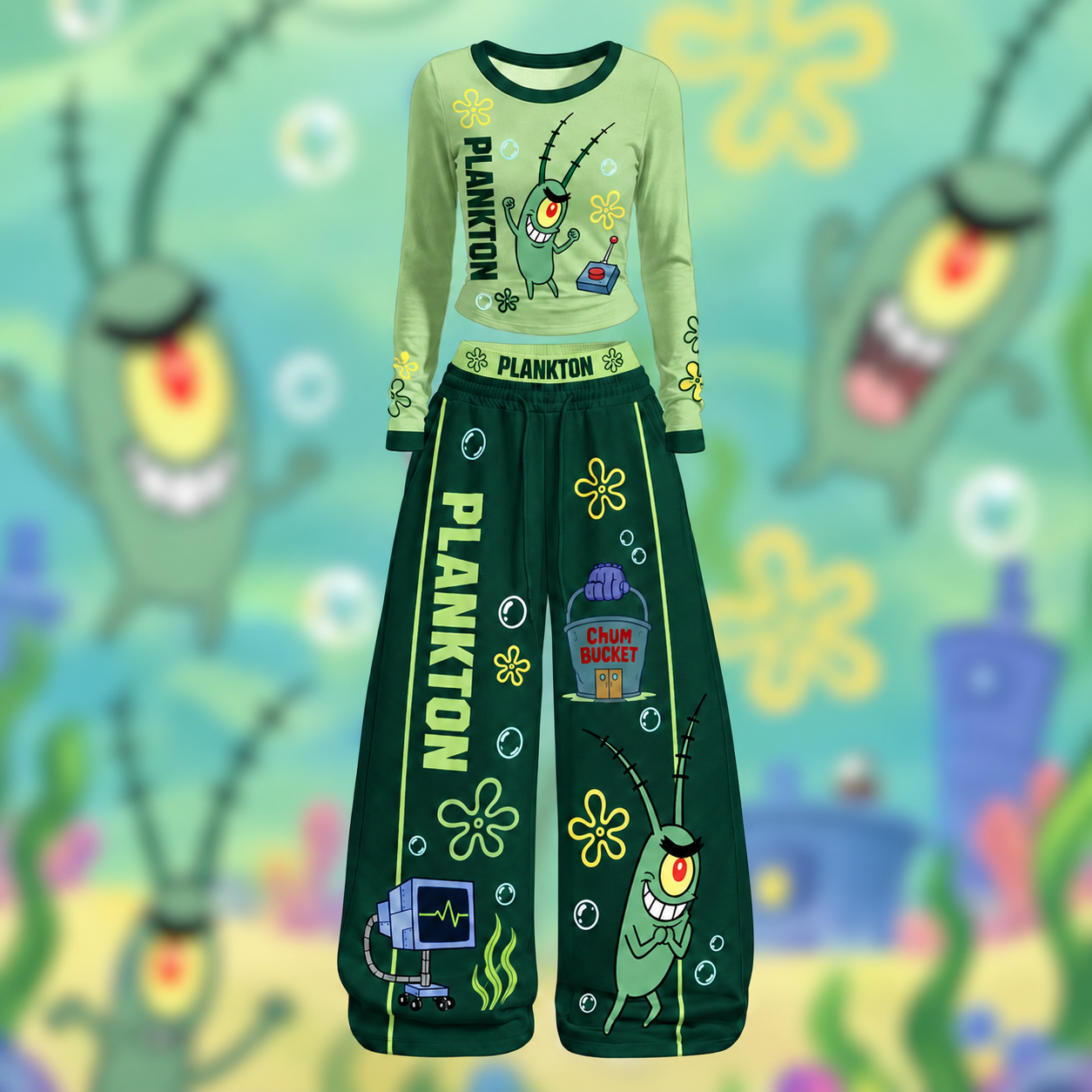 Sheldon J. Plankton SpongeBob SquarePants Long-Sleeved Double-Layer Stretch Pants Set