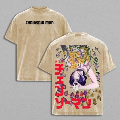 Reze vs Daisy Flower T-Shirt - Bomb Devil Chainsaw Man Anime Romance Graphic Tee, Oversized Acid Washed Cotton Shirt, Bomb Girl & Denji Love Story Design