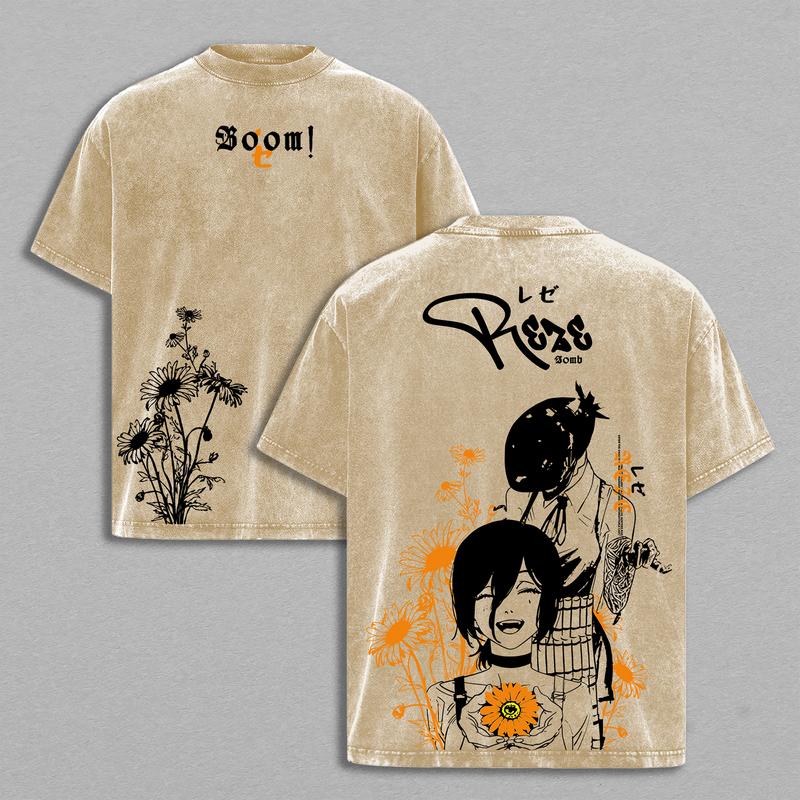 Reze Bomb Girl T-Shirt – Chainsaw Man Vintage Oversized Washed Heavy Cotton Anime Graphic Tee, Double Printed Streetwear Top for Fans