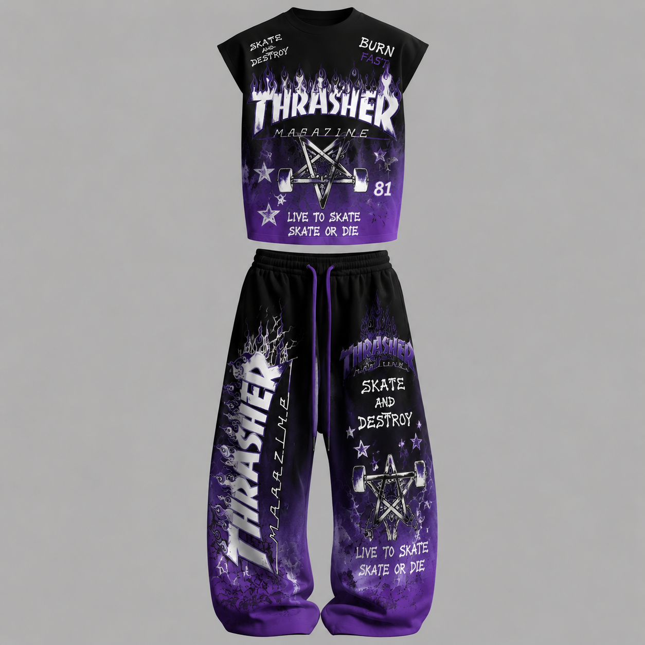 Thrasher Sleeveless Tank Top & Wide Leg Pants Two-Piece Streetwear Set
