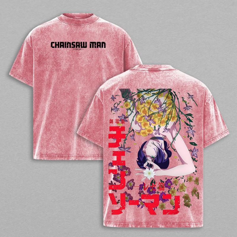 Reze vs Daisy Flower T-Shirt - Bomb Devil Chainsaw Man Anime Romance Graphic Tee, Oversized Acid Washed Cotton Shirt, Bomb Girl & Denji Love Story Design