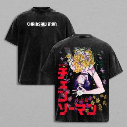 Reze vs Daisy Flower T-Shirt - Bomb Devil Chainsaw Man Anime Romance Graphic Tee, Oversized Acid Washed Cotton Shirt, Bomb Girl & Denji Love Story Design