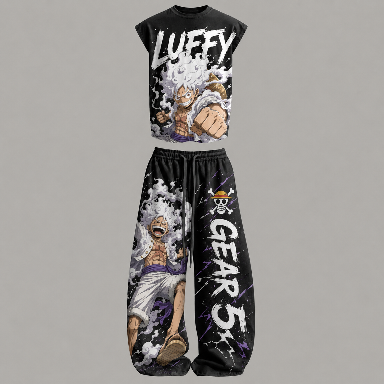 One Piece Luffy Gear5 Sleeveless Tank Top & Wide Leg Pants Two-Piece Streetwear Set