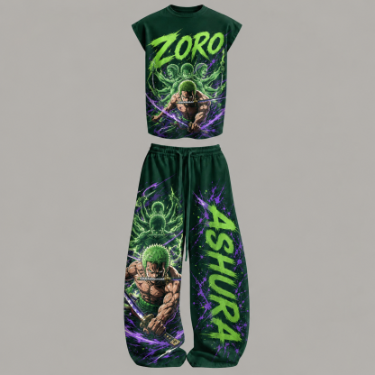 One Piece Zoro Sleeveless Tank Top & Wide Leg Pants Two-Piece Streetwear Set