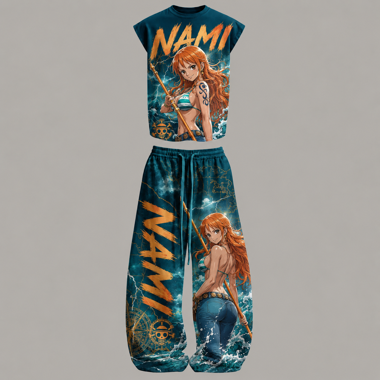 One Piece Nami Sleeveless Tank Top & Wide Leg Pants Two-Piece Streetwear Set
