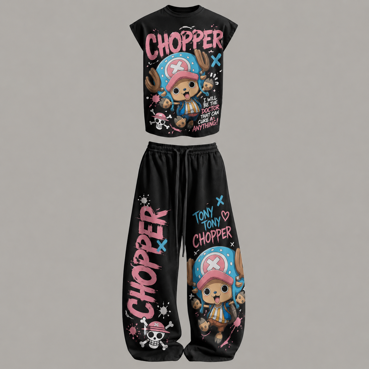 One Piece Tony Tony Chopper Sleeveless Tank Top & Wide Leg Pants Two-Piece Streetwear Set