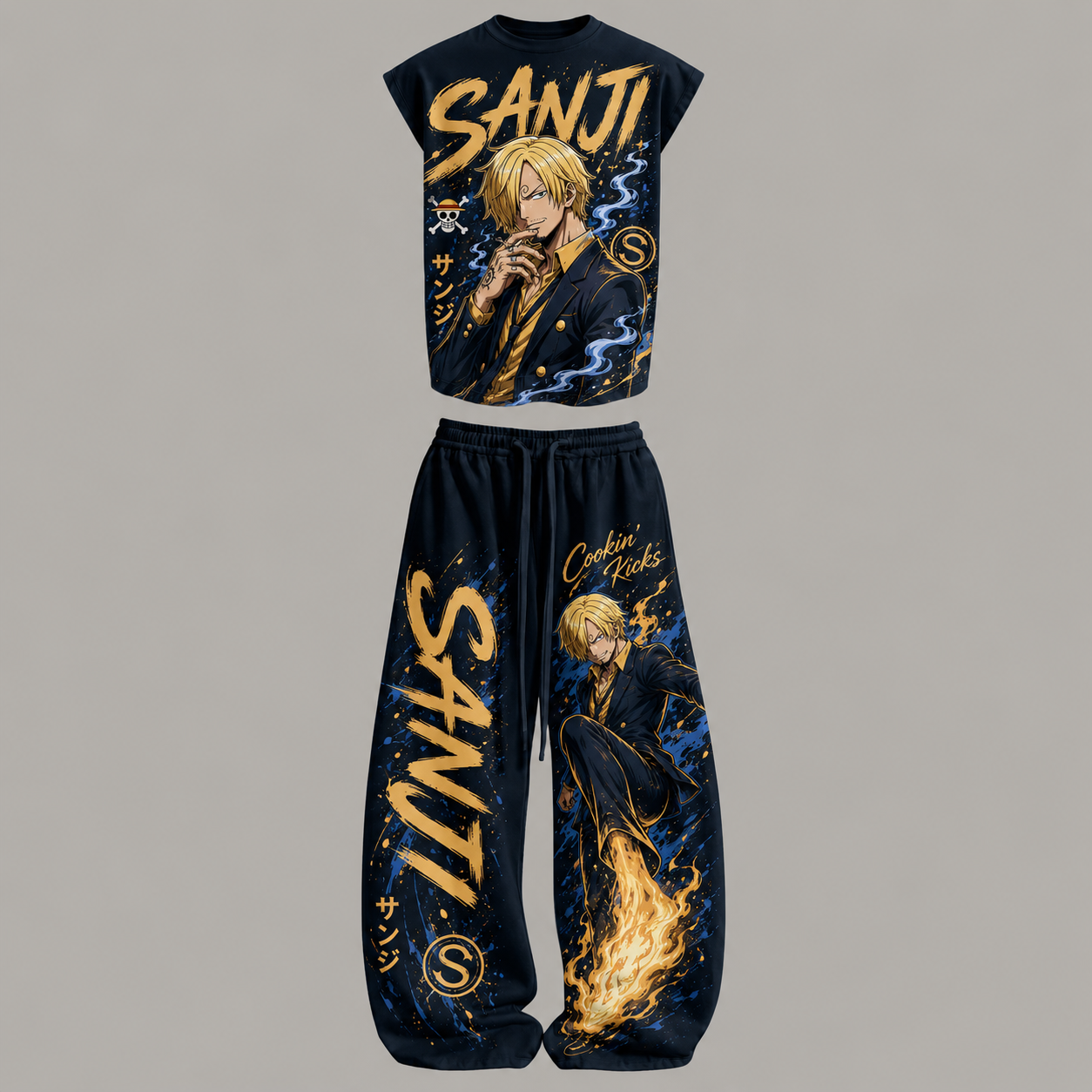 One Piece Sanji Sleeveless Tank Top & Wide Leg Pants Two-Piece Streetwear Set