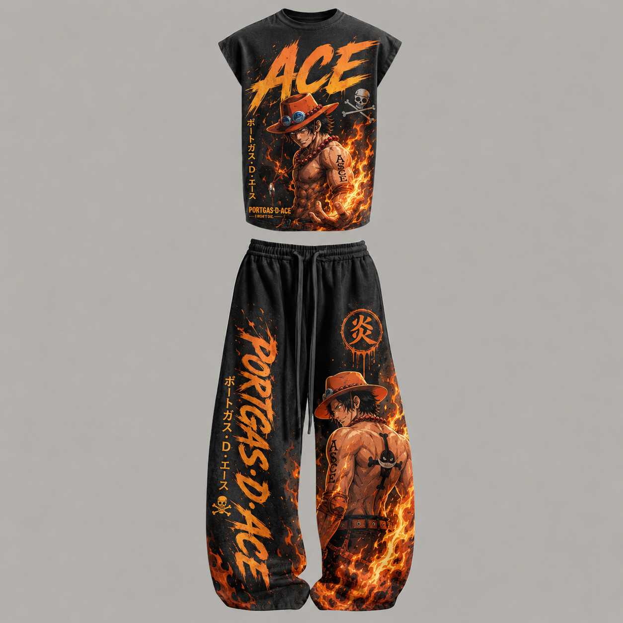 One Piece Ace Sleeveless Tank Top & Wide Leg Pants Two-Piece Streetwear Set
