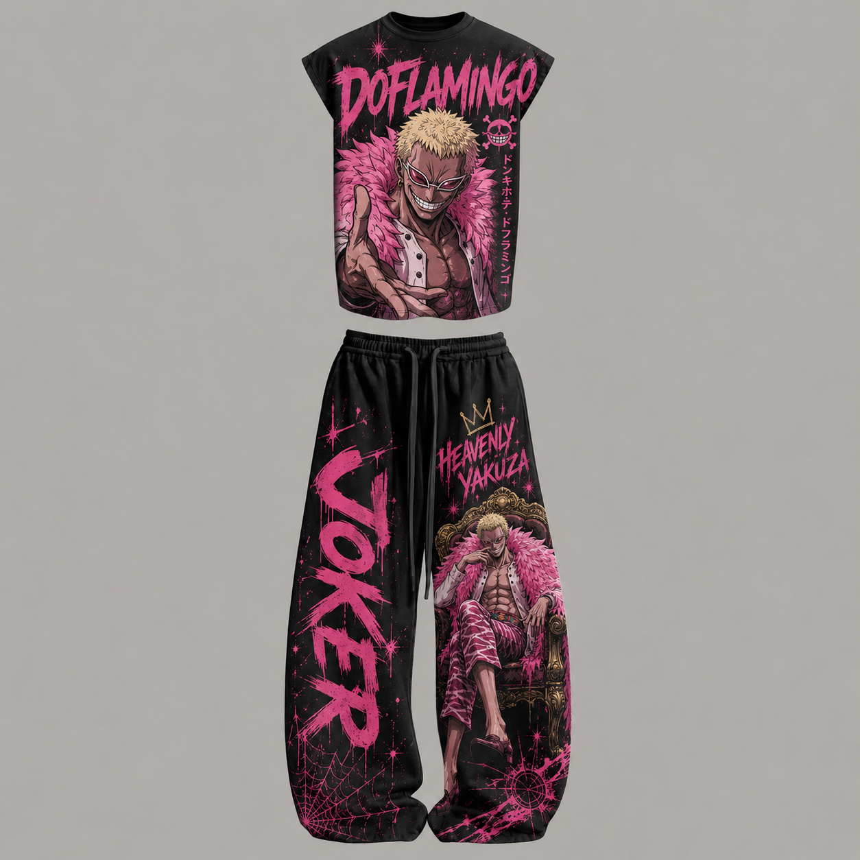 One Piece Donquixote Doflamingo Joker Sleeveless Tank Top & Wide Leg Pants Two-Piece Streetwear Set