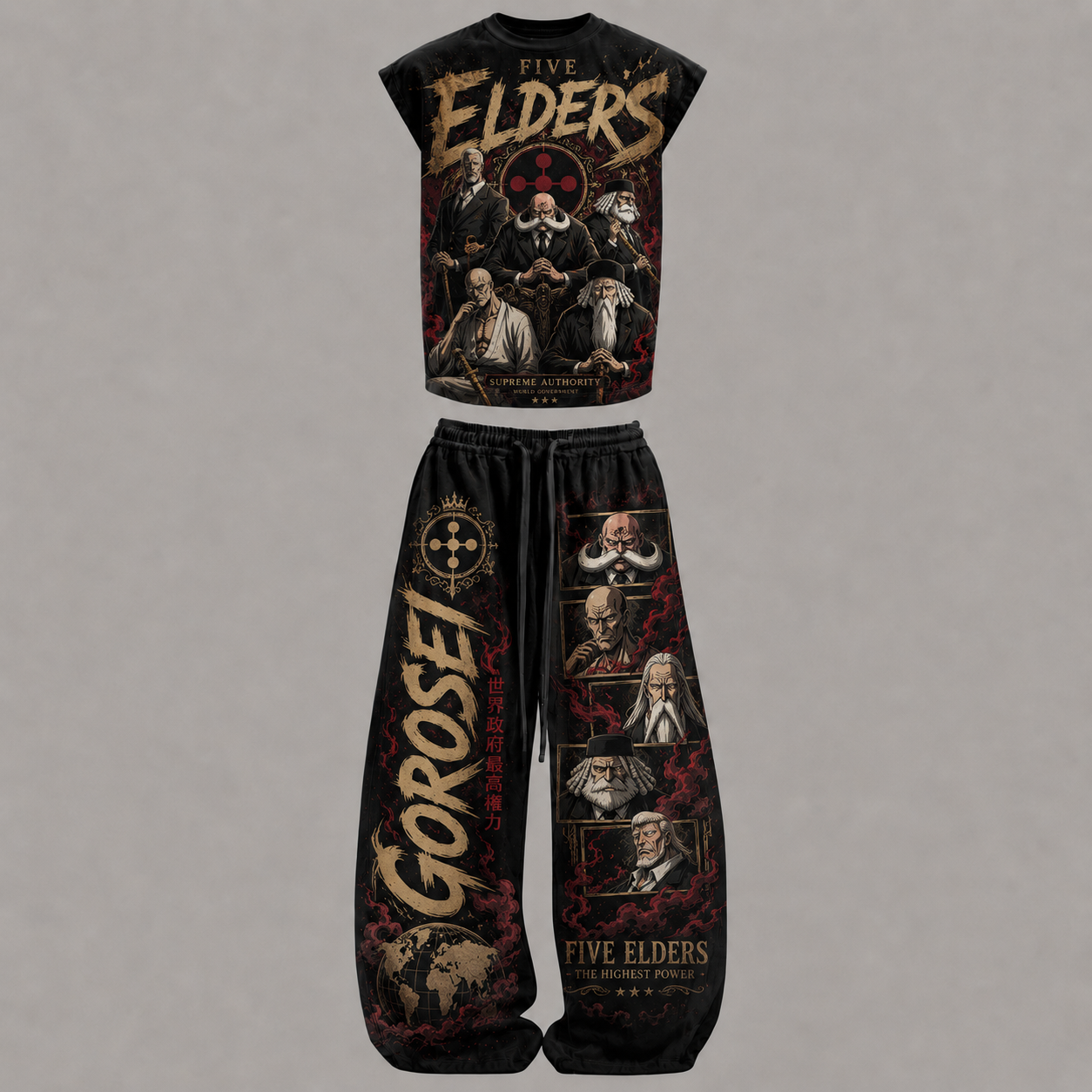 One Piece The Five Elders Sleeveless Tank Top & Wide Leg Pants Two-Piece Streetwear Set