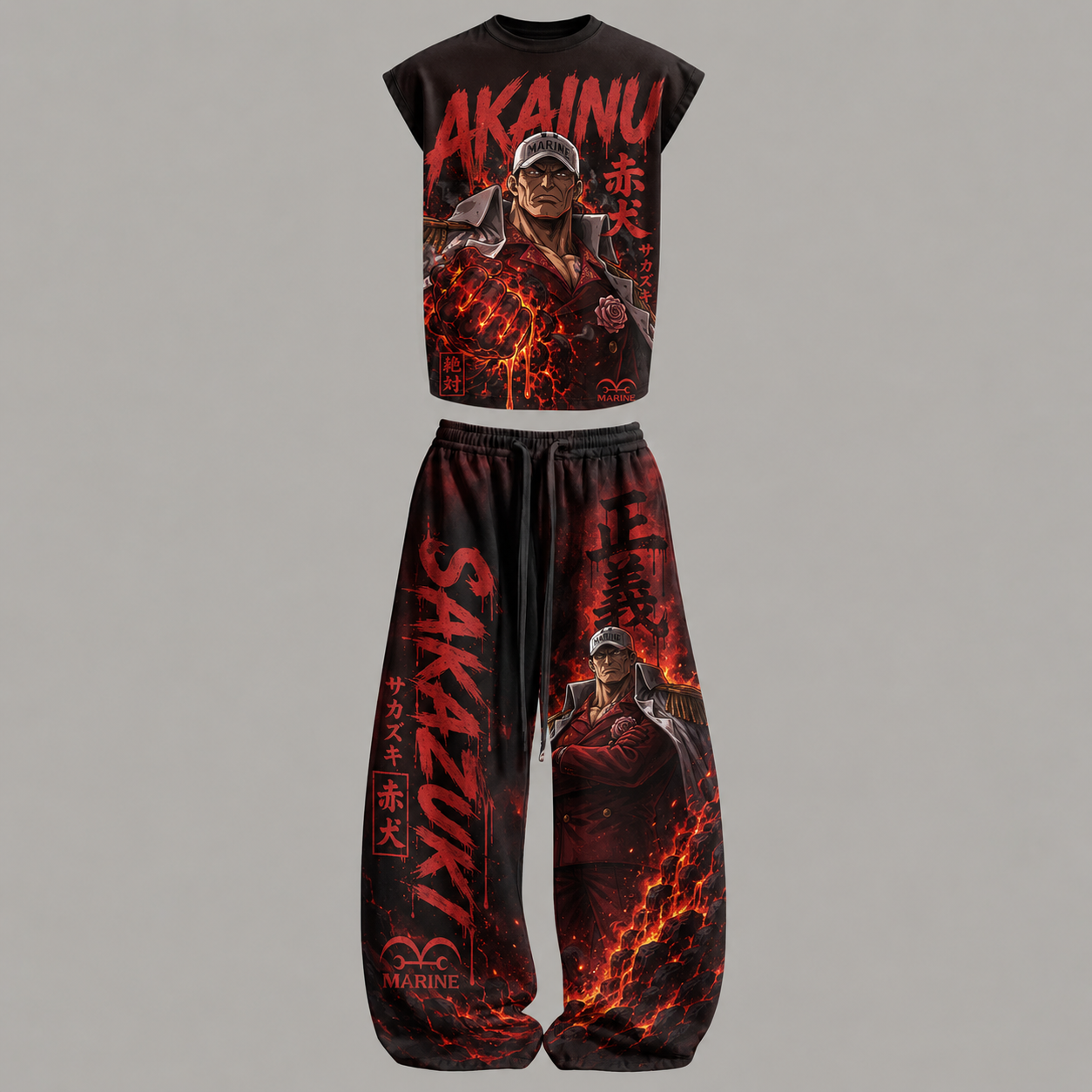One Piece Sakazuki Sleeveless Tank Top & Wide Leg Pants Two-Piece Streetwear Set