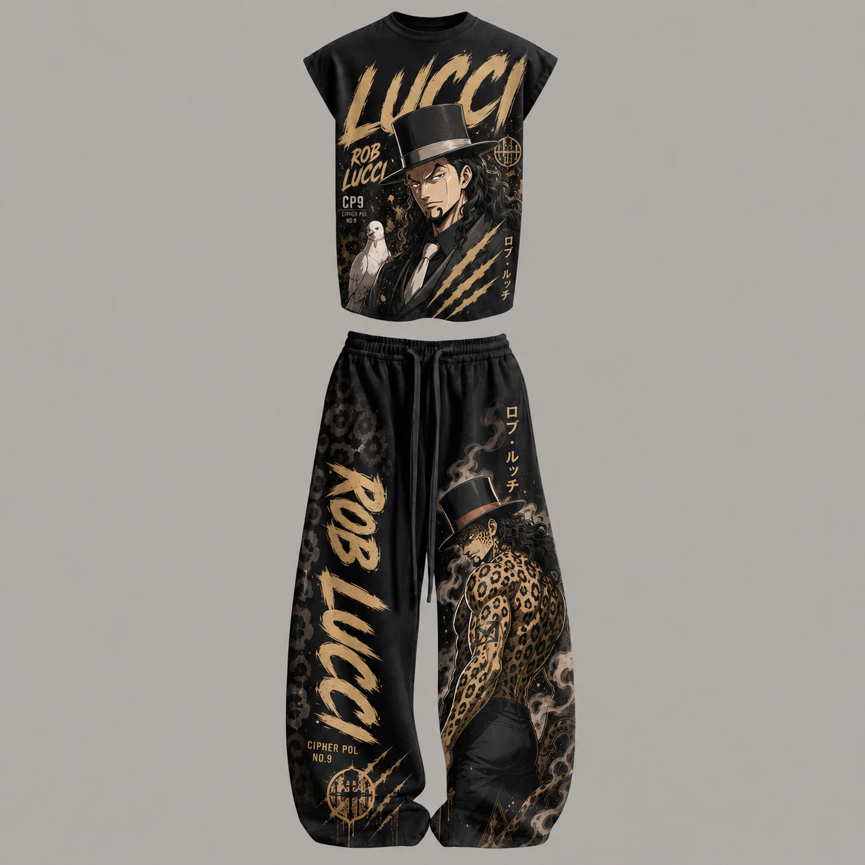 One Piece Rob Lucci Sleeveless Tank Top & Wide Leg Pants Two-Piece Streetwear Set
