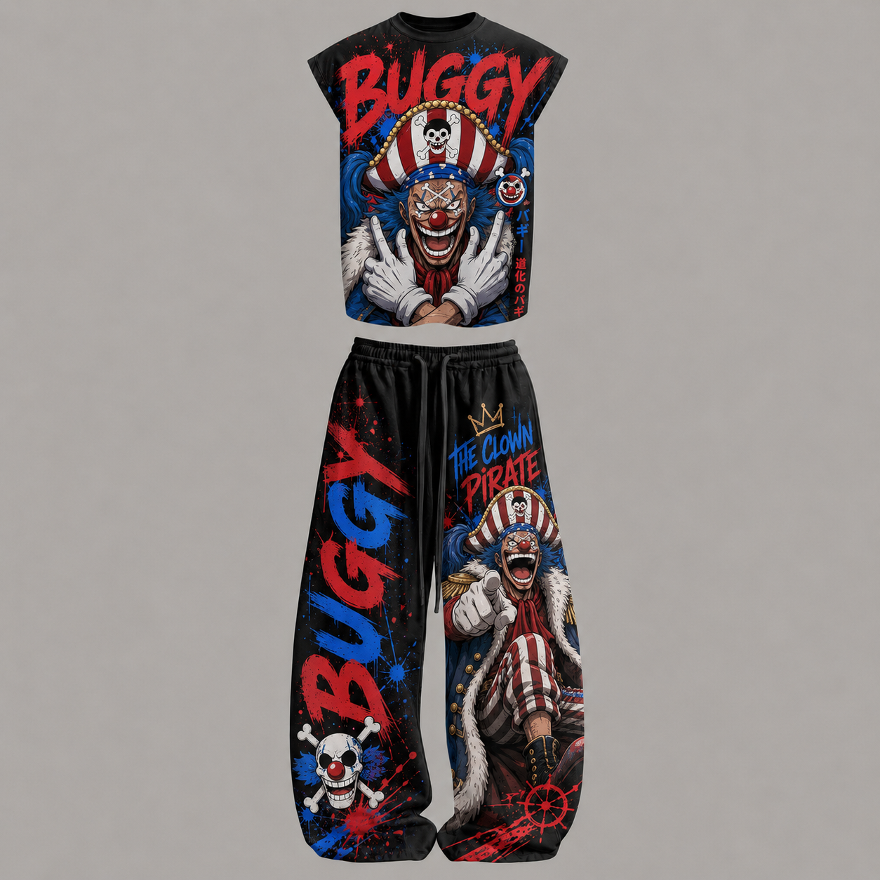 One Piece Buggy Sleeveless Tank Top & Wide Leg Pants Two-Piece Streetwear Set
