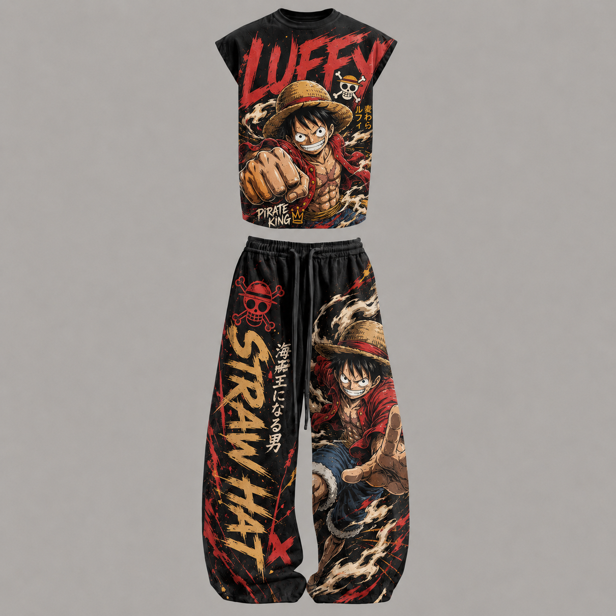 One Piece Luffy Sleeveless Tank Top & Wide Leg Pants Two-Piece Streetwear Set
