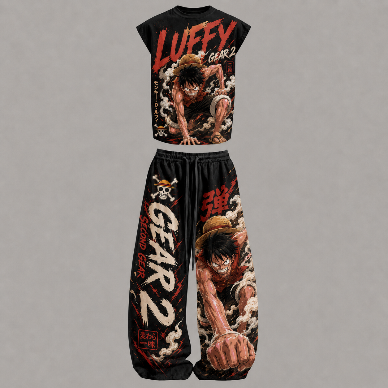 One Piece Luffy Gear2 Sleeveless Tank Top & Wide Leg Pants Two-Piece Streetwear Set