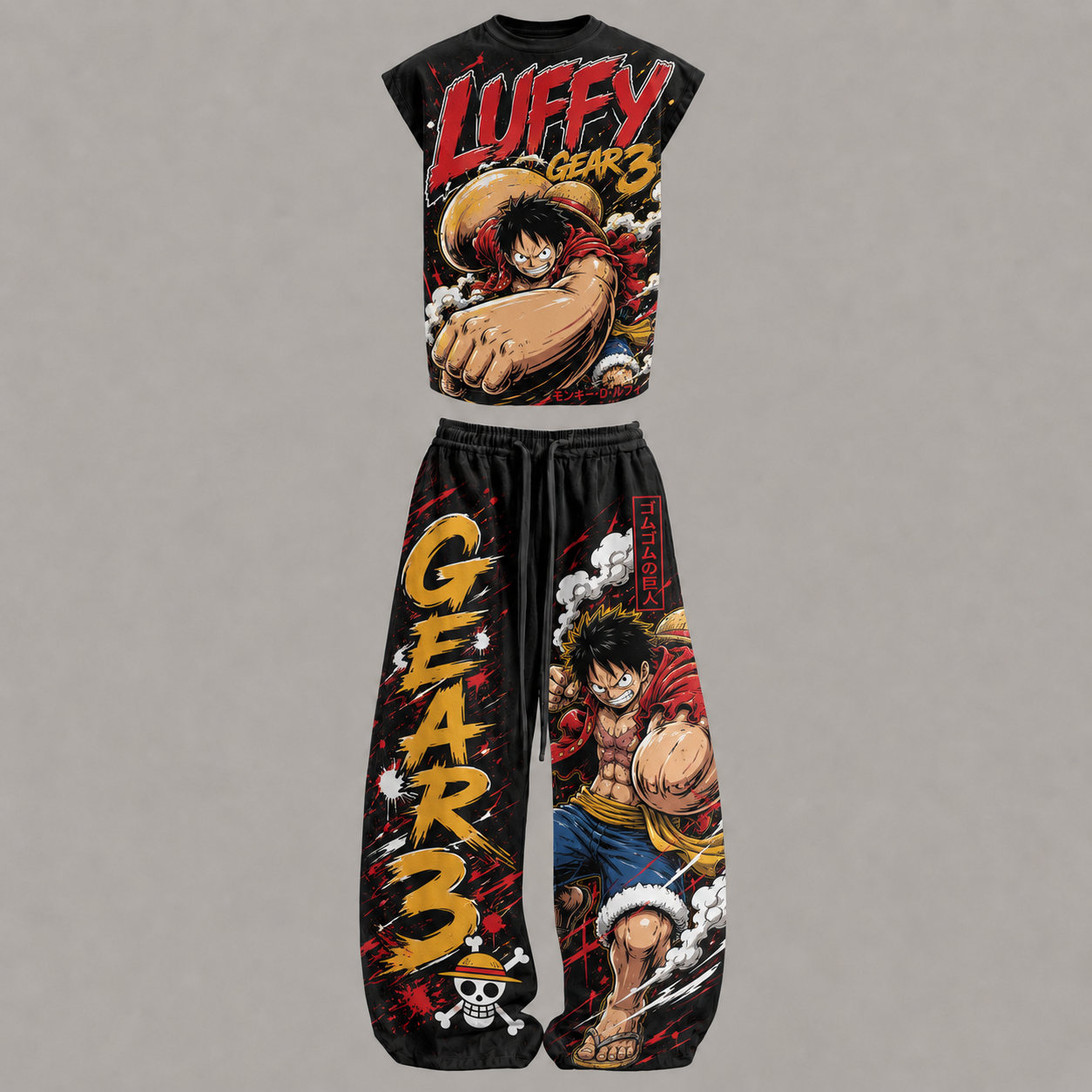 One Piece Luffy Gear3 Sleeveless Tank Top & Wide Leg Pants Two-Piece Streetwear Set