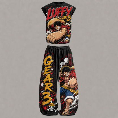 One Piece Luffy Gear3 Sleeveless Tank Top & Wide Leg Pants Two-Piece Streetwear Set