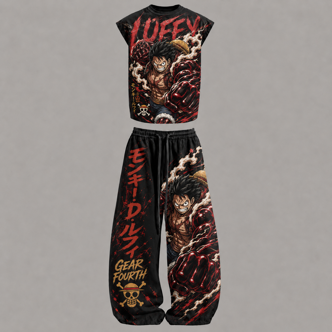 One Piece Luffy Gear4 Sleeveless Tank Top & Wide Leg Pants Two-Piece Streetwear Set