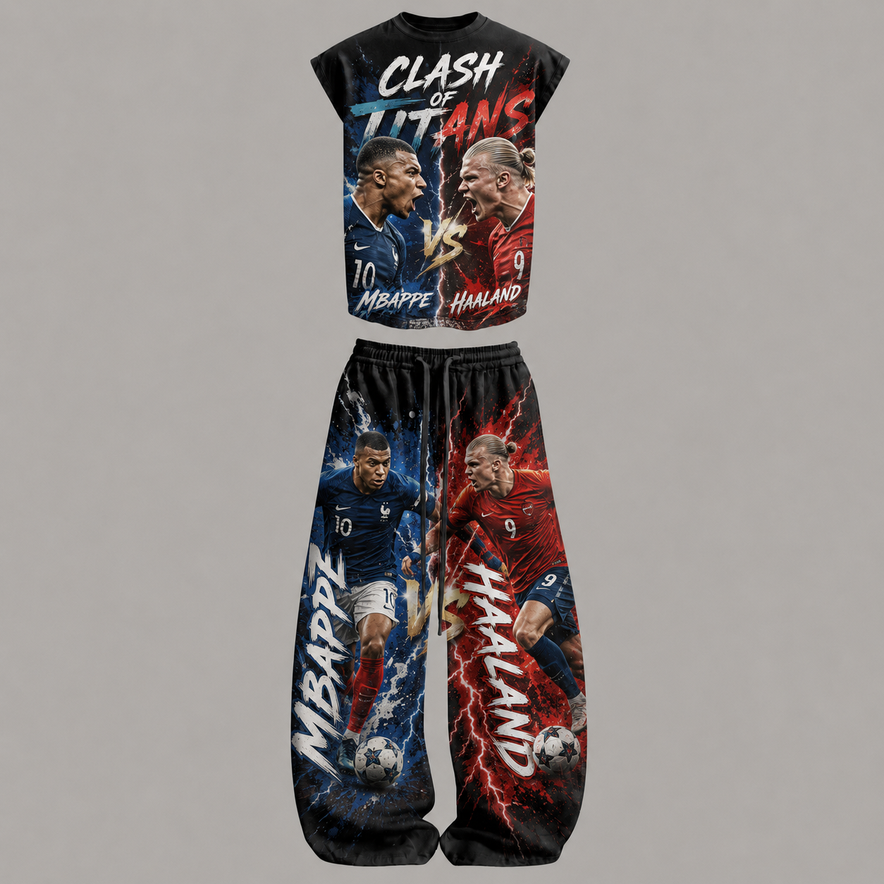 Mbappé Vs Erling Haaland Sleeveless Tank Top & Wide Leg Pants Two-Piece Streetwear Set