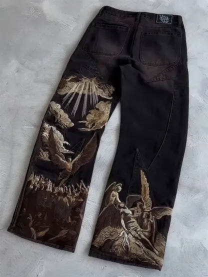 Heavens Eclipse Denim Sky-etched Embroidered Streetwear Mid Straight-leg Jeans European American Angel Trousers 100%
