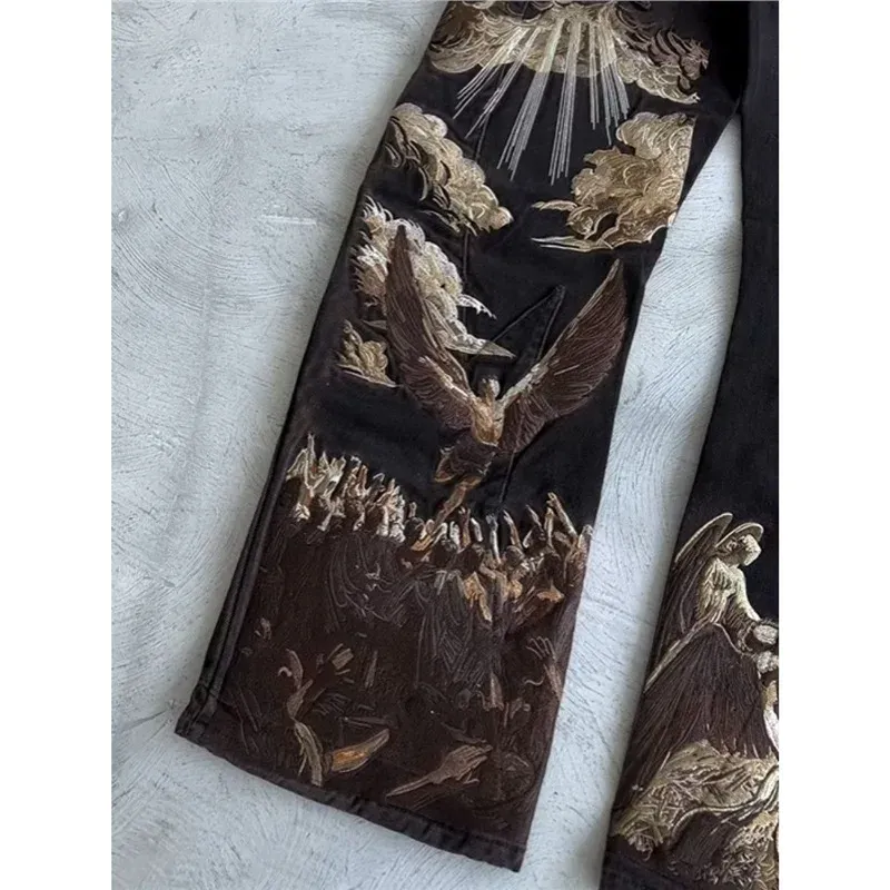 Heavens Eclipse Denim Sky-etched Embroidered Streetwear Mid Straight-leg Jeans European American Angel Trousers 100%