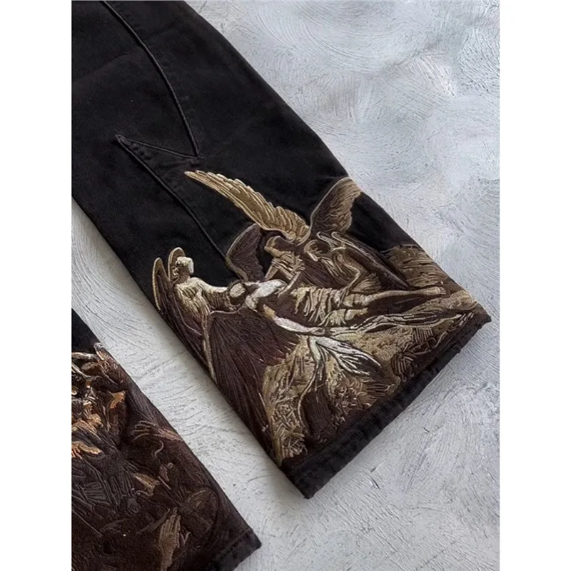 Heavens Eclipse Denim Sky-etched Embroidered Streetwear Mid Straight-leg Jeans European American Angel Trousers 100%