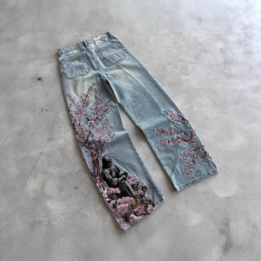 Plum Blossom Embroidery New Denim Style Street Trendy Embroidered Straight Pants Mid-Waist Jeans