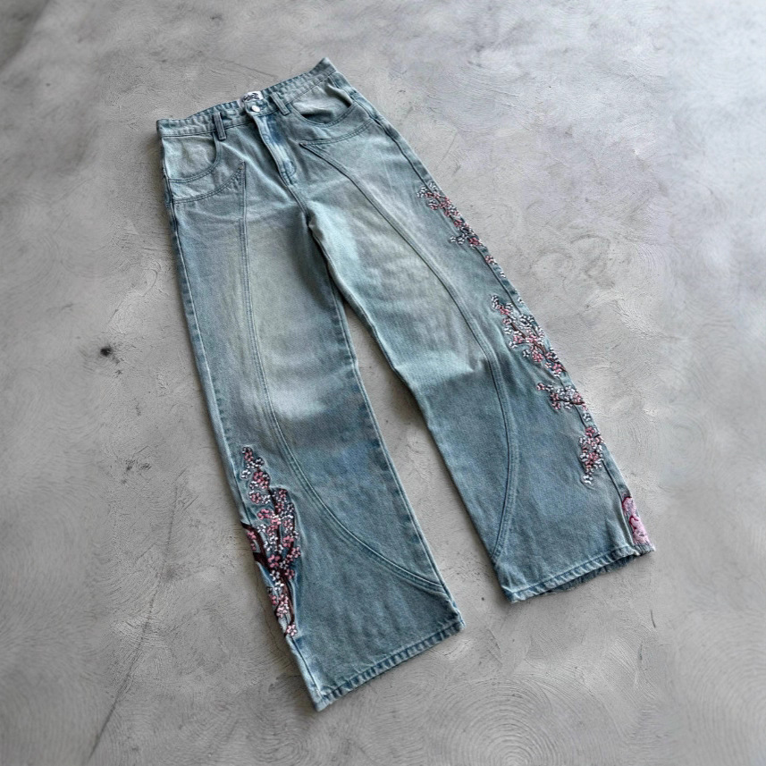 Plum Blossom Embroidery New Denim Style Street Trendy Embroidered Straight Pants Mid-Waist Jeans