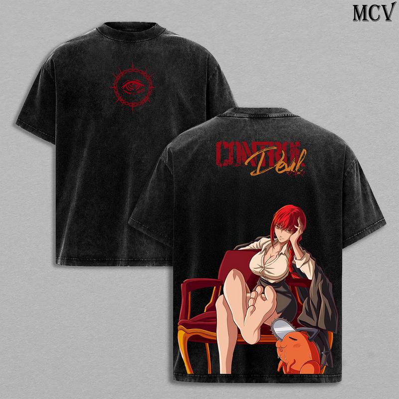 Makima Chainsaw Man Tee Washed The Movie: Reze Arc Vintage Oversized Heavy Cotton Anime Manga T-Shirt, Double Printed Unisex Retro Streetwear Top for Fans