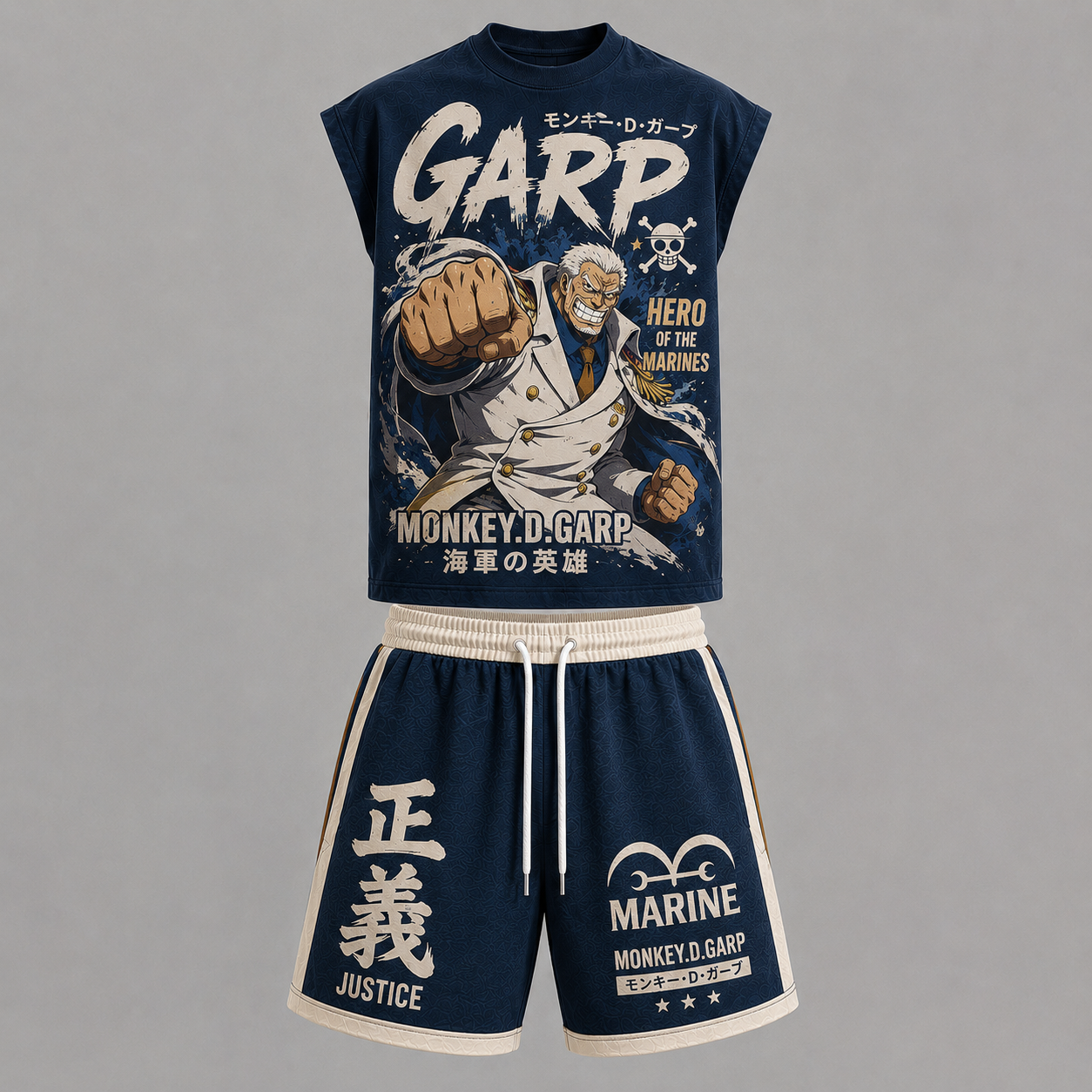 One Piece Monkey·D·Garp Sleeveless Tank Top & Shorts Two-Piece Streetwear Set