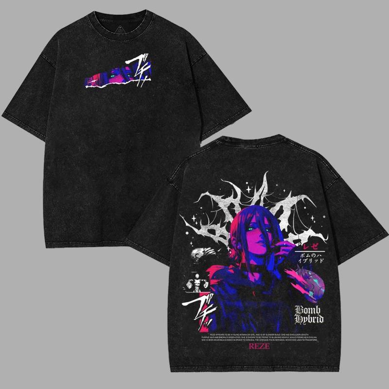 Chainsaw Man Denji pochita Reze  bomb devil arc Anime Manga 2 sided Washed T-shirt Cotton Unisex Clothes Menswear graphic tee