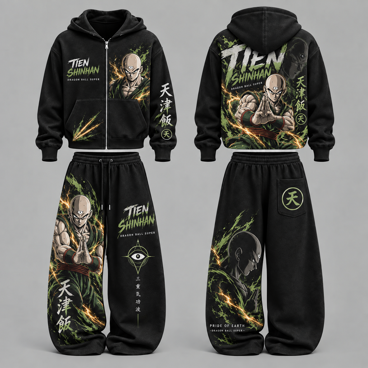 Dragon Ball Z Tien Shinhan- Unisex Zipper Hooded Sweatshirt Set