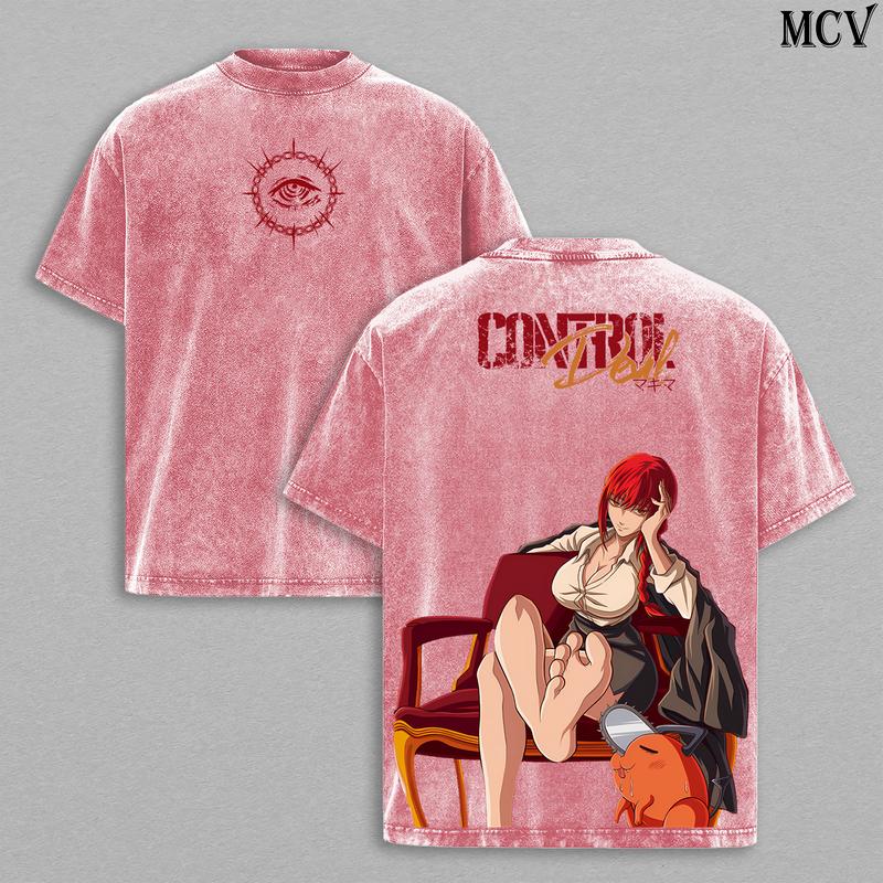 Makima Chainsaw Man Tee Washed The Movie: Reze Arc Vintage Oversized Heavy Cotton Anime Manga T-Shirt, Double Printed Unisex Retro Streetwear Top for Fans