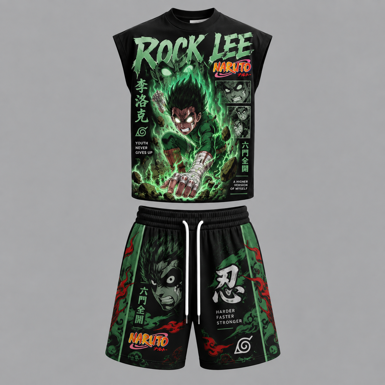 Naruto Rock Lee Sleeveless Tank Top & Shorts Two-Piece Streetwear Set