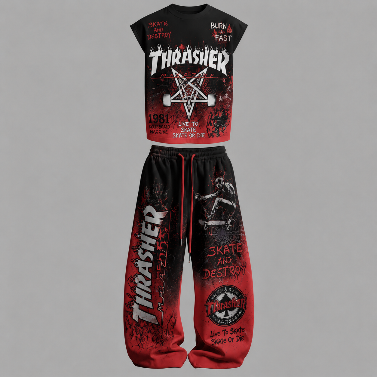 Thrasher Sleeveless Tank Top & Wide Leg Pants Two-Piece Streetwear Set