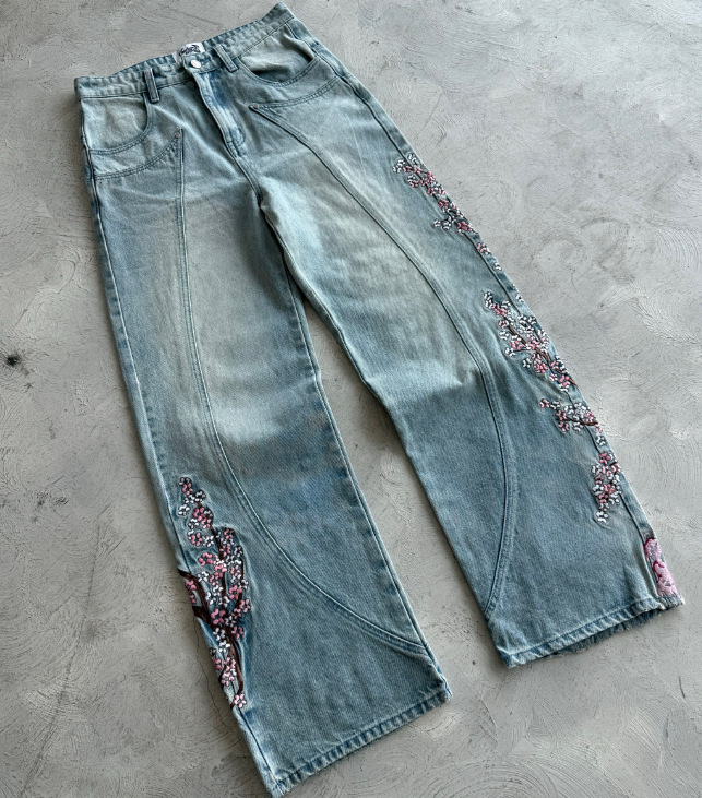 Plum Blossom Embroidery New Denim Style Street Trendy Embroidered Straight Pants Mid-Waist Jeans