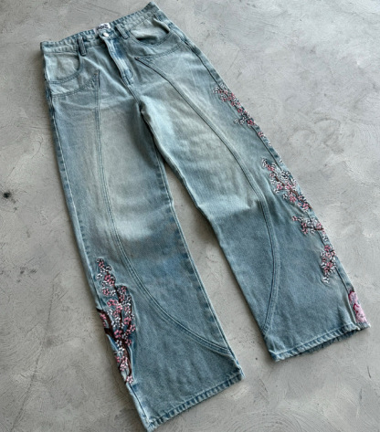 Plum Blossom Embroidery New Denim Style Street Trendy Embroidered Straight Pants Mid-Waist Jeans