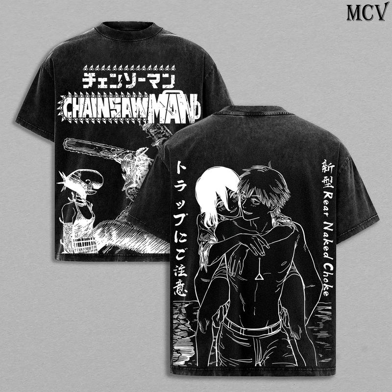 Denji x Reze Chainsaw Man Tee – Vintage Washed Oversized Heavy Cotton Anime Manga T-Shirt, Retro Streetwear Graphic Top Unisex Gift for Otaku Fan