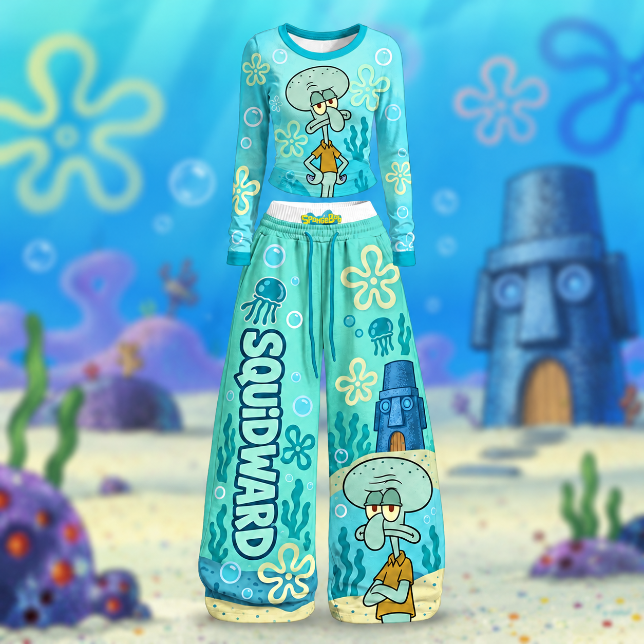 Squidward Tentacles SpongeBob SquarePants Long-Sleeved Double-Layer Stretch Pants Set