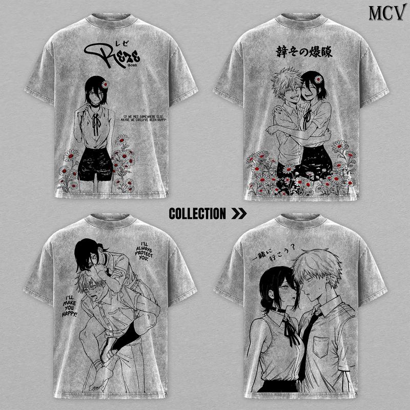 [COLLECTION] Chainsaw Man The Movie: Reze Arc – Denji x Reze Couple Tee Washed, Vintage Oversized Heavy Cotton Anime Manga T-Shirt Set, Double Printed Retro Unisex Streetwear Top Gift for Lovers, Unisex Fit, Oversized Form, Anime Manga Fans