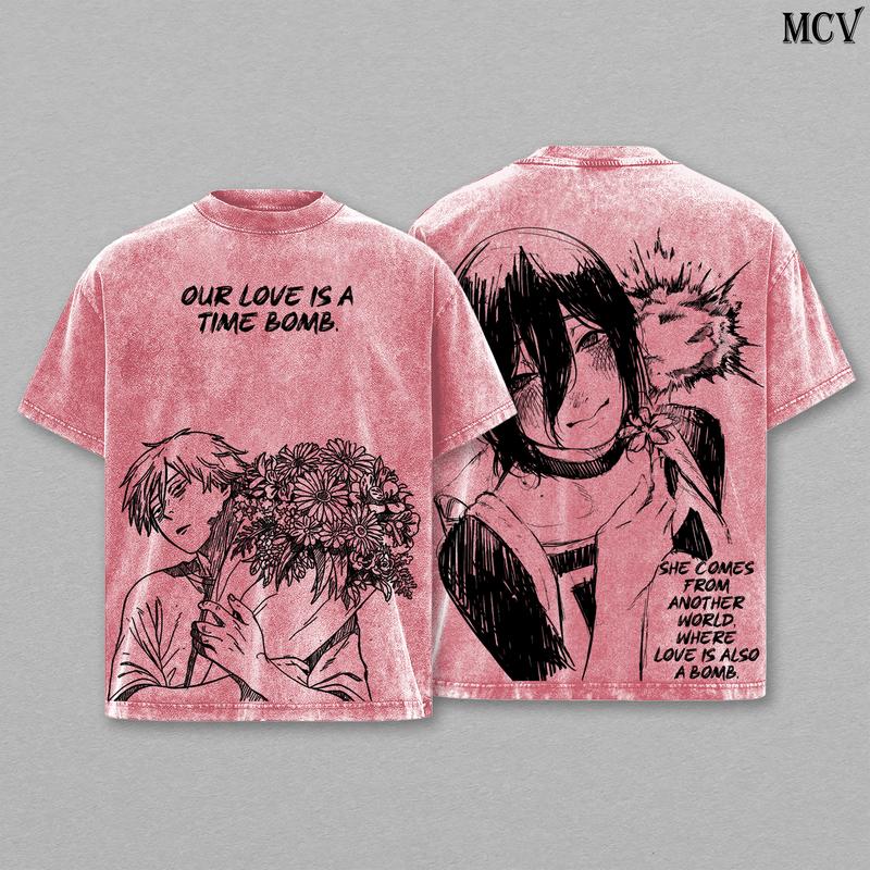 Chainsaw Man Denji x Reze Tee Washed – The Movie: Reze Arc Exclusive Vintage Oversized Heavy Cotton Anime Manga T-Shirt, Double Printed Retro Unisex Streetwear Graphic Top, Ultimate Otaku Gift for Fans
