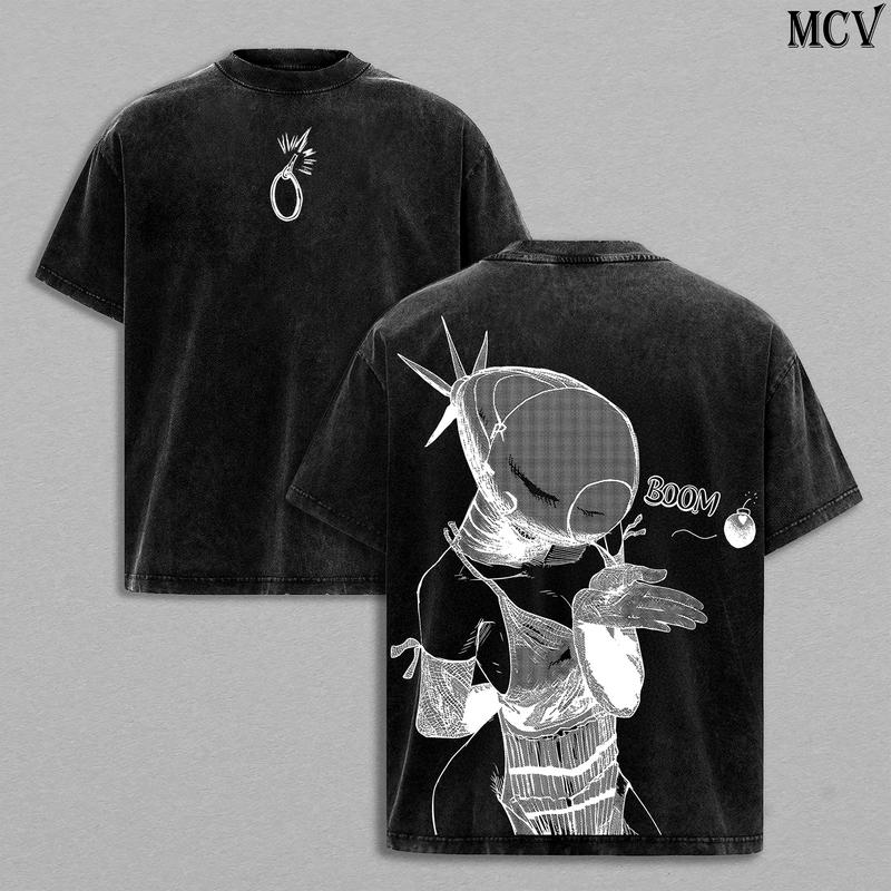 Reze Tank Top T-Shirt – Chainsaw Man The Movie: Reze Arc Vintage Washed Heavy Cotton Oversize Unisex Anime Manga Graphic Top, Retro Streetwear for Movie Fans